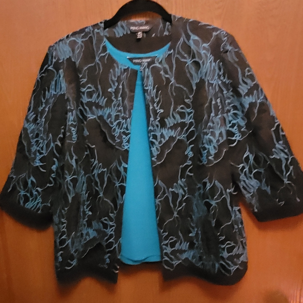 Ming Wang Black and Turquoise Patterned Jacket And Tank Set Pristine Size Medium